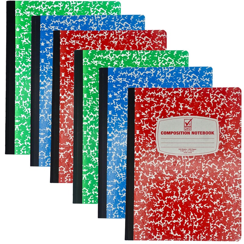 4E's Novelty Wide Ruled Composition Notebooks - Pack of 6- Hard Cover 100 Sheets 9.75" x 7.5" - Red Blue Green Cute Marble Colors, Bulk Compositon Book Wide Ruling, Back to School Supplies - Image 1